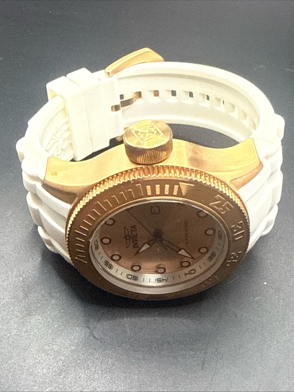 Invicta Gold Bezel Rose Gold Dial White Strap Watch